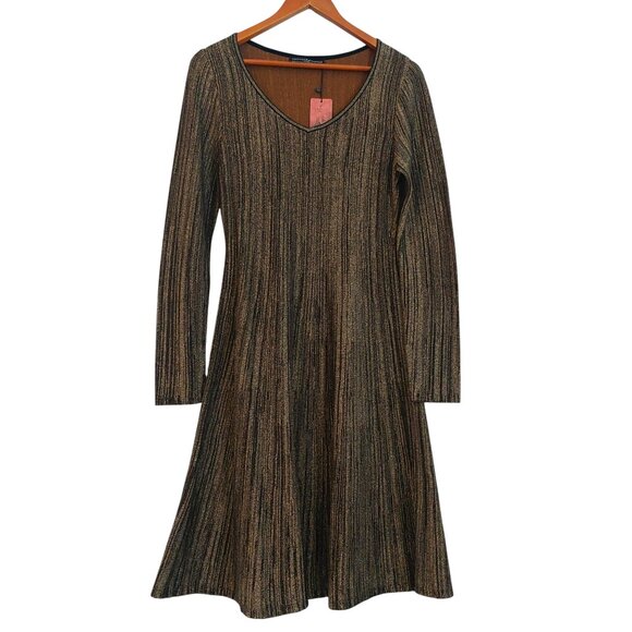 Peruvian Connection Gold Black Dress Small Elegant Holiday Rue de Cambon V Neck - Picture 2 of 13